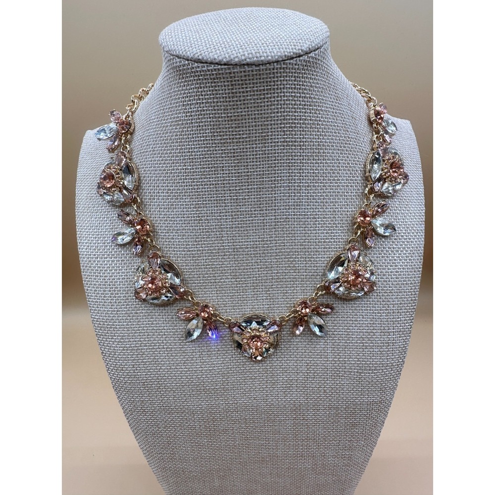Pink Crystal Rhinestone Floral Statement Necklace Gold Tone Romantic Coquette